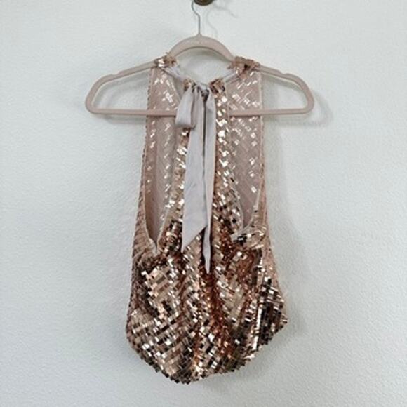 Free People Rose Gold Sequin Halter Top Glam Party Celebration Rave Whimsical - Picture 4 of 5